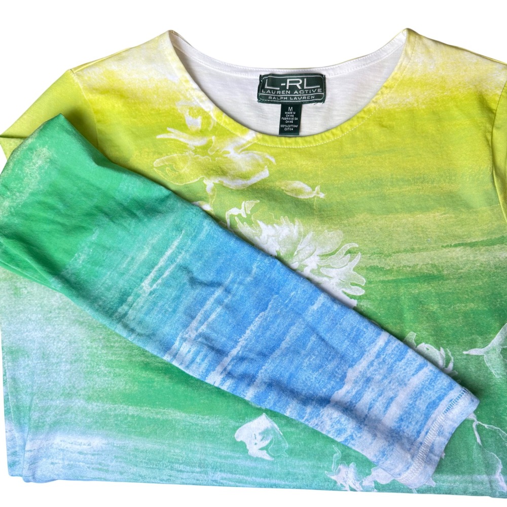 Lauren Ralph Lauren Active Top Womens M‎ Green Blue Ombre Excellent Floral Tee